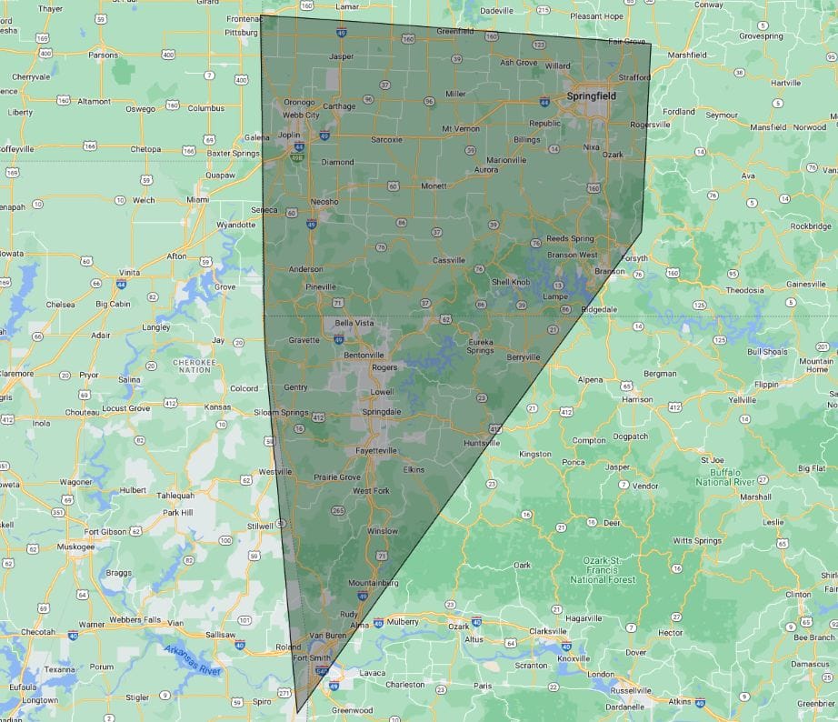Domino Roofing service area map Bentonville, AR